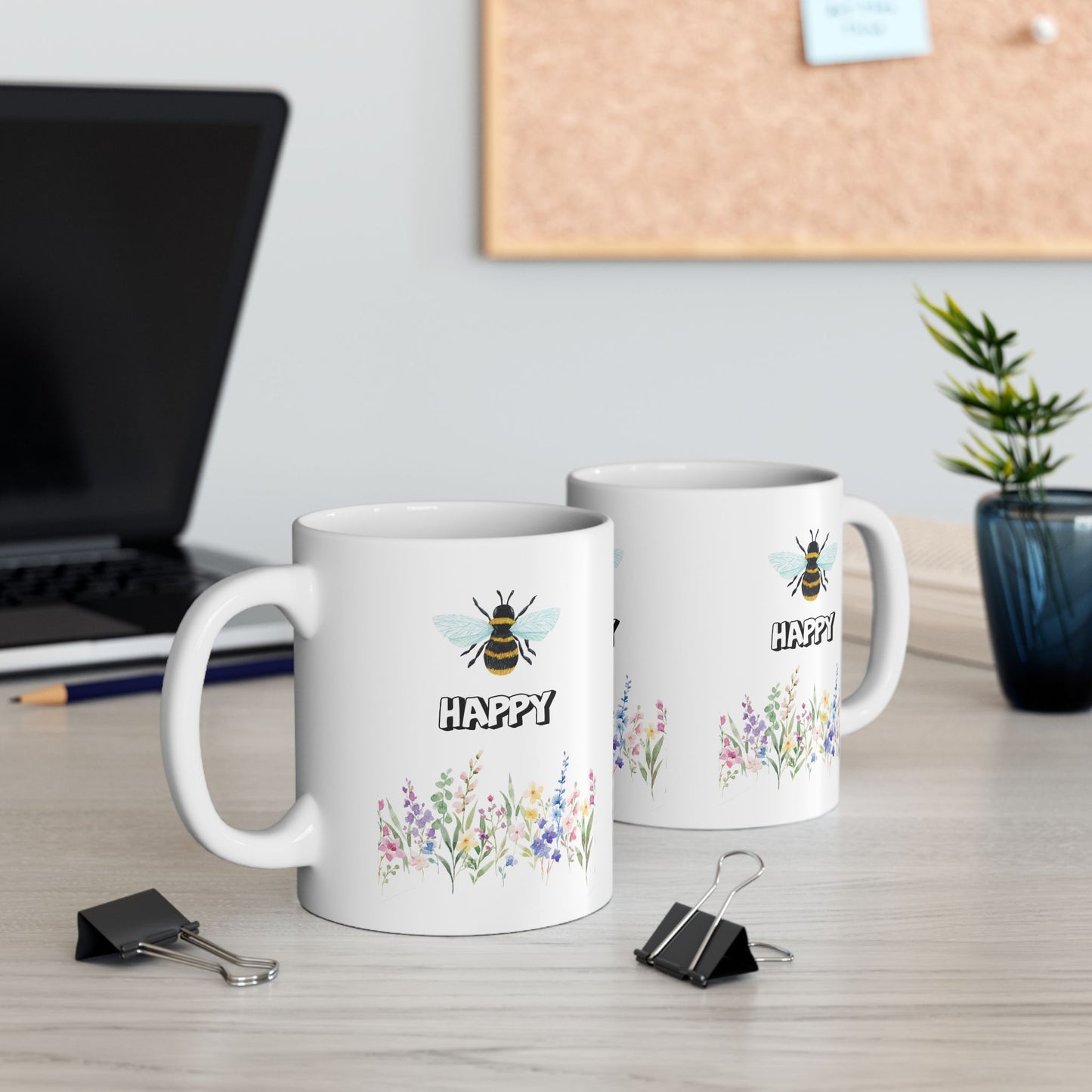 Happy Bee Floral Ceramic Mug - Perfect for Gifts, Coffee Lovers, Tea Drinkers, Home Decor, Birthday Celebrations