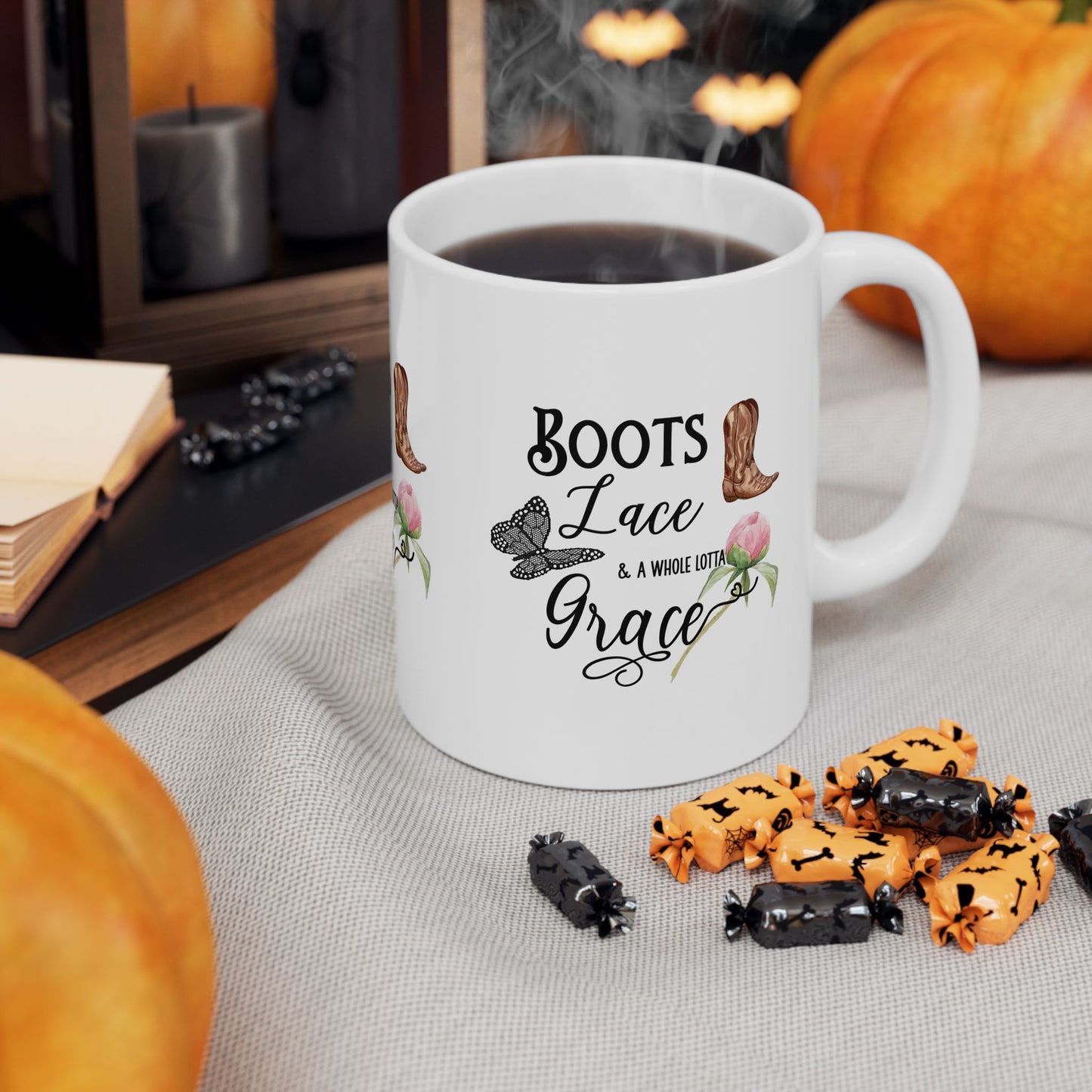 Boots, Lace, and Grace Ceramic Mug - Perfect Gift for Cowgirl, Rustic Home Décor, Coffee Lover, Birthday, Holiday, Motivational Quote