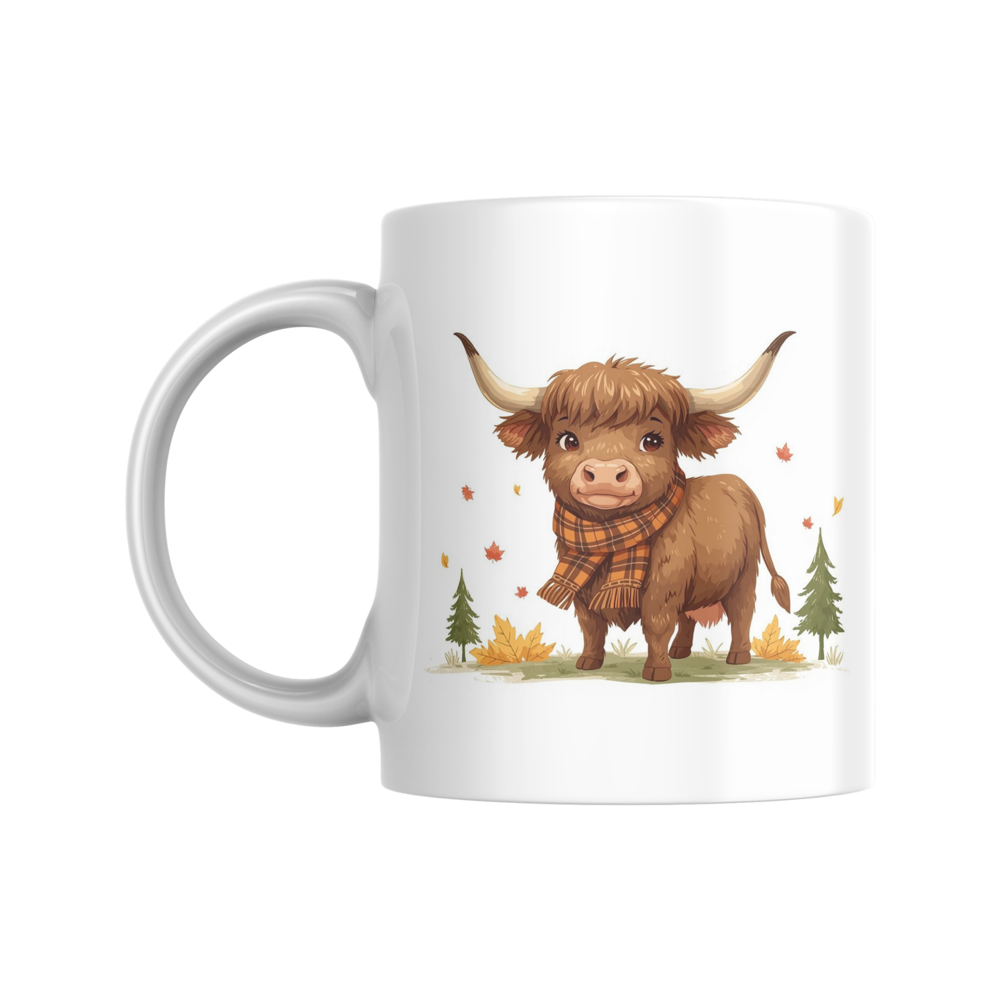 Cozy Highland Cow Autumn Mug – Cute Fall Coffee Cup with Plaid Scarf Design