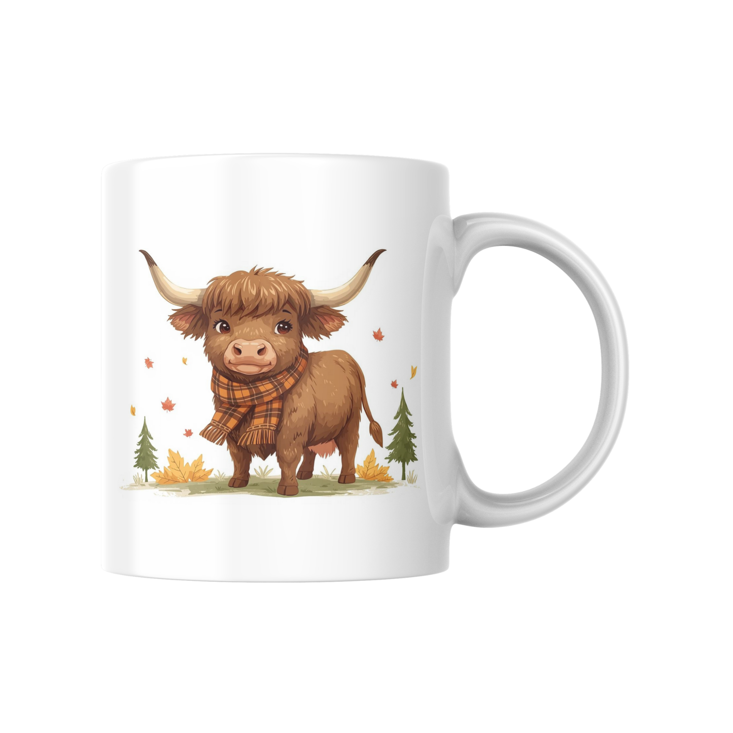 Cozy Highland Cow Autumn Mug – Cute Fall Coffee Cup with Plaid Scarf Design