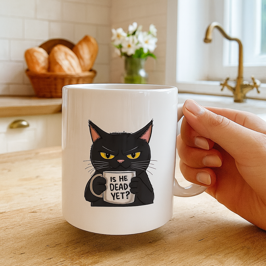 Is He Dead Yet? Funny Black Cat Mug – Sarcastic Coffee Cup for Cat Lovers 🐈