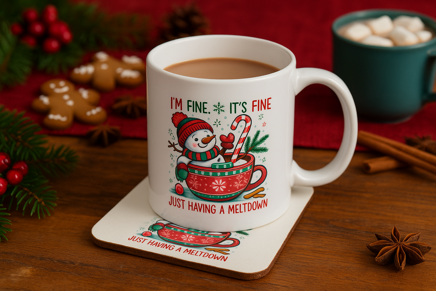 Festive Snowman “It’s Fine, It's Fine” Mug, and/or Coaster