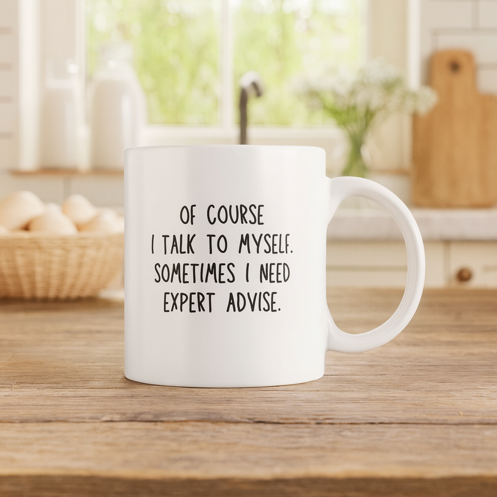 Funny “Expert Advice” Quote Mug – White Ceramic Coffee Cup for Self-Talk Lovers