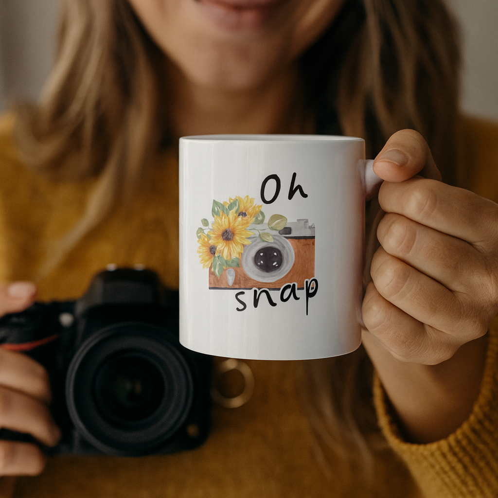 Oh Snap Sunflower Camera Mug – 12 oz Ceramic Coffee Cup for Photographers