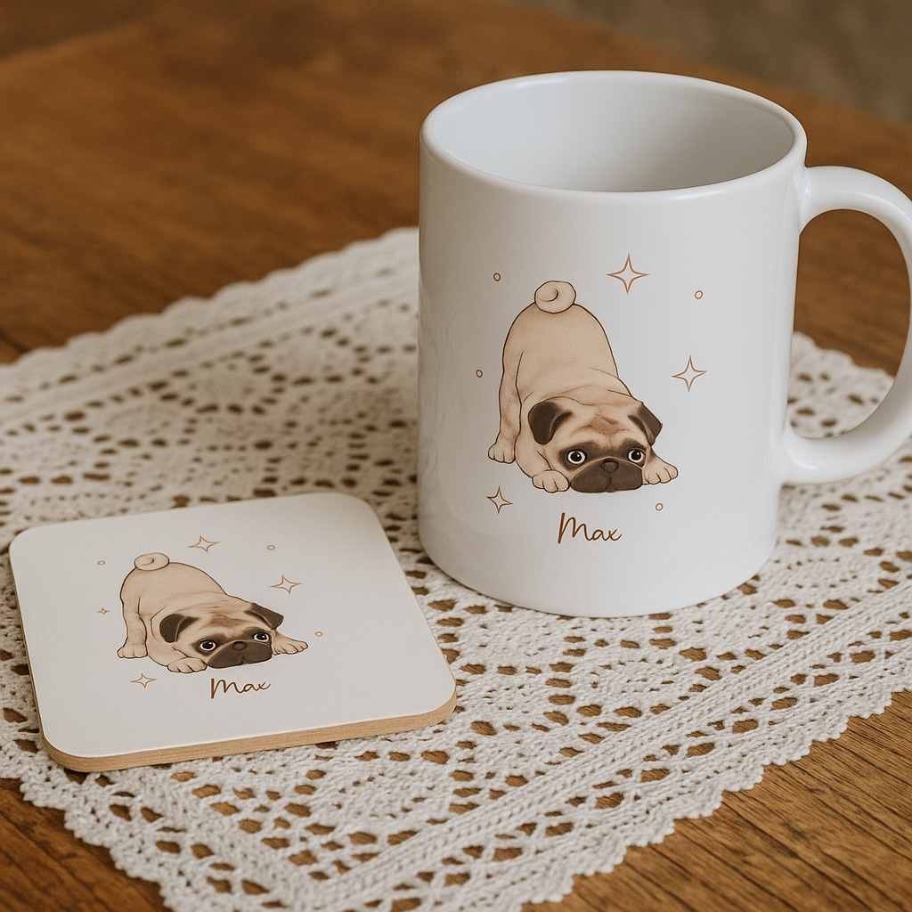 Personalizable Pug Coffee Mug, and/or Coaster: Custom Dog Lover Gift