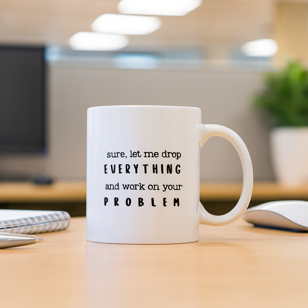Sure, Let Me Drop Everything Mug – Funny Office Coffee Cup for Co-workers & Managers