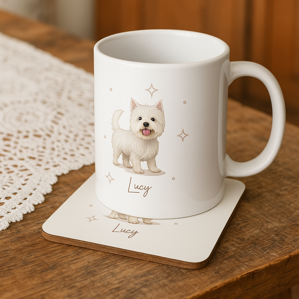 Personalizable West Highland Terrier Coffee Mug, and/or Coaster: Custom Dog Lover Gift