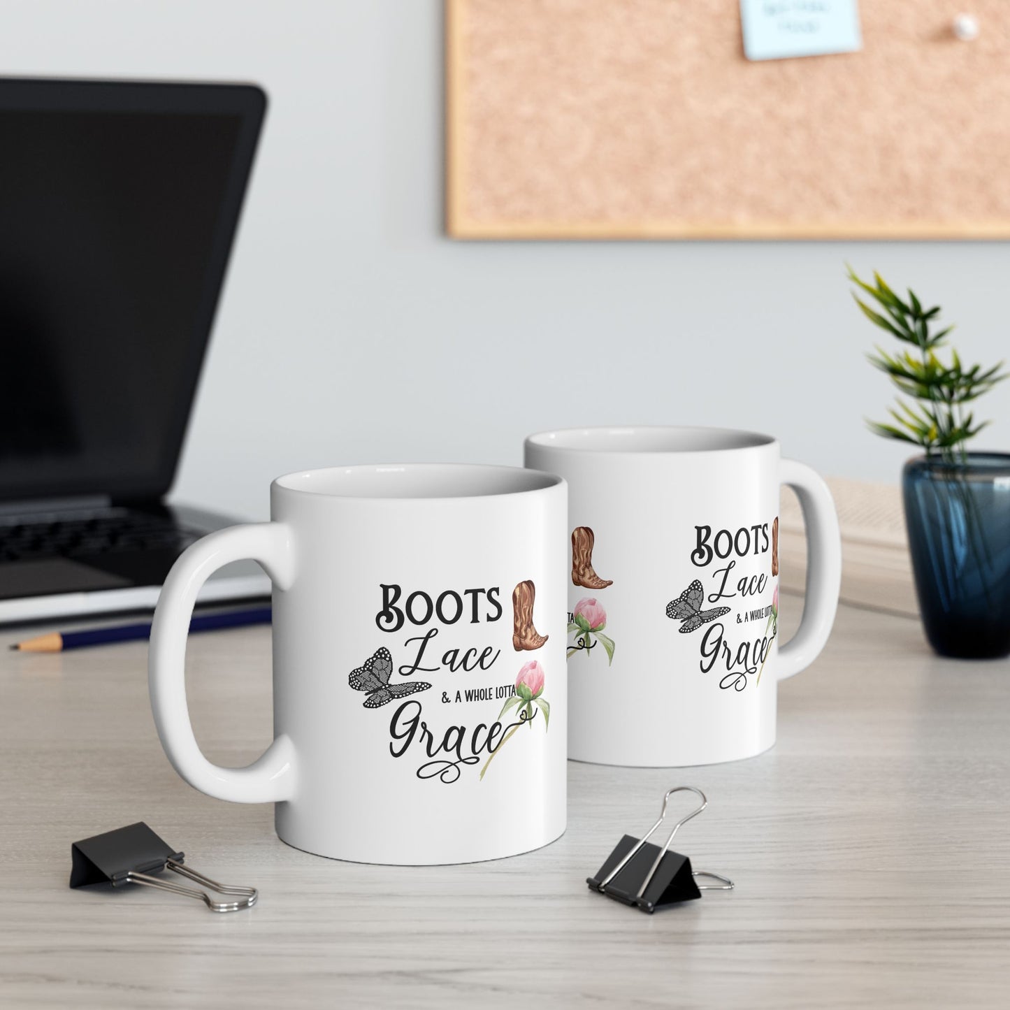 Boots, Lace, and Grace Ceramic Mug - Perfect Gift for Cowgirl, Rustic Home Décor, Coffee Lover, Birthday, Holiday, Motivational Quote
