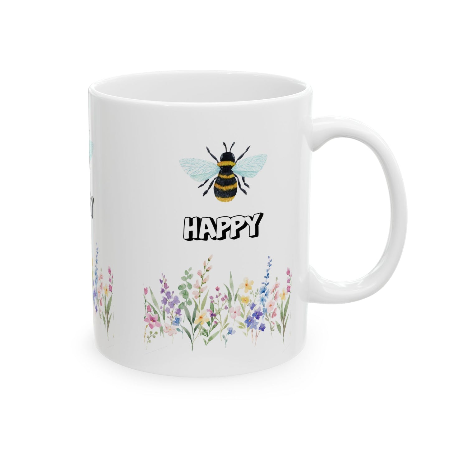 Happy Bee Floral Ceramic Mug - Perfect for Gifts, Coffee Lovers, Tea Drinkers, Home Decor, Birthday Celebrations