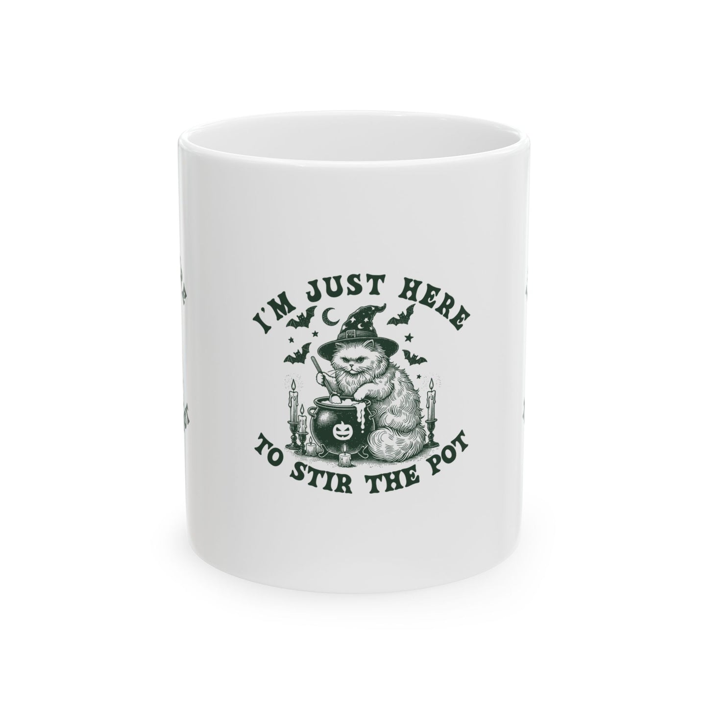 Whimsical Ceramic Mug for Halloween, Cute Gift for Cat Lovers, Funny Coffee Cup, Kitchen Decor, Stir the Pot Design