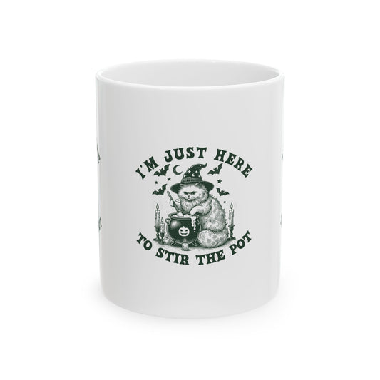 Whimsical Ceramic Mug for Halloween, Cute Gift for Cat Lovers, Funny Coffee Cup, Kitchen Decor, Stir the Pot Design