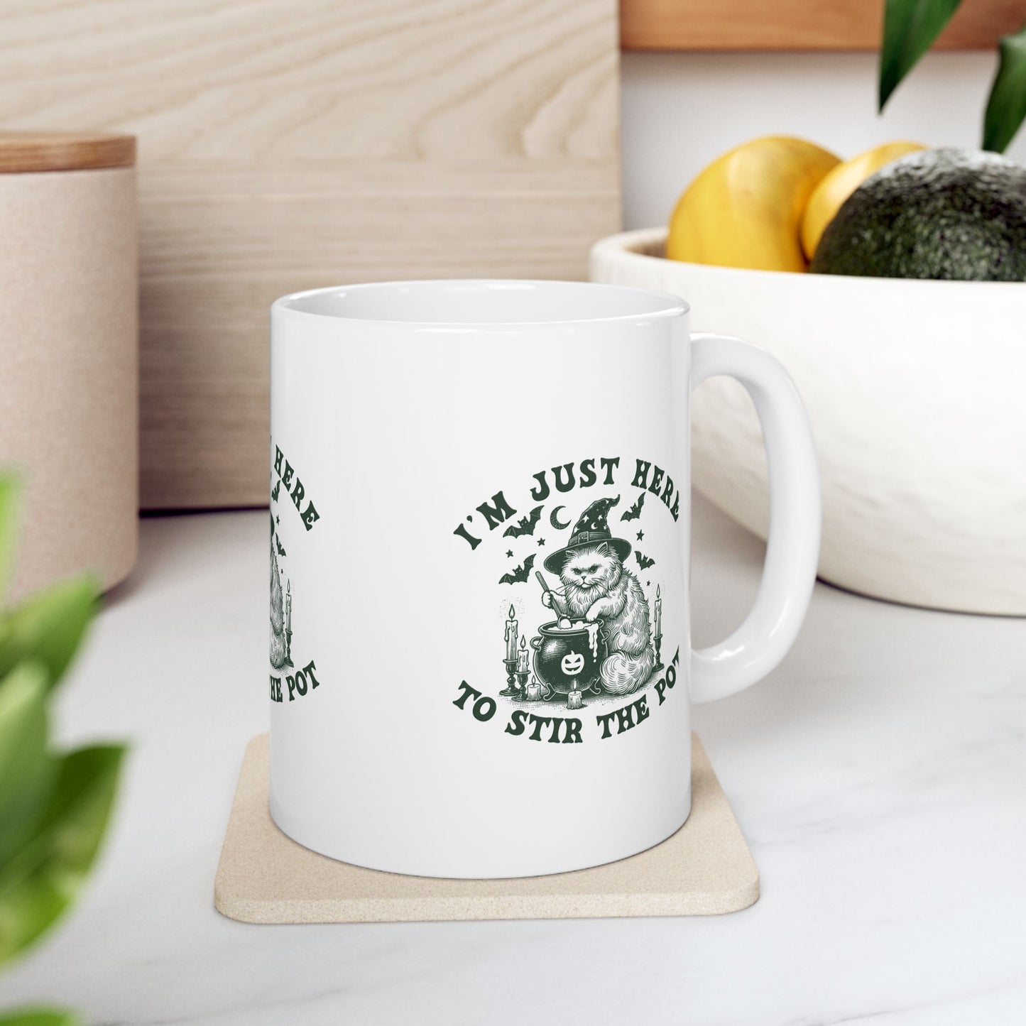 Whimsical Ceramic Mug for Halloween, Cute Gift for Cat Lovers, Funny Coffee Cup, Kitchen Decor, Stir the Pot Design