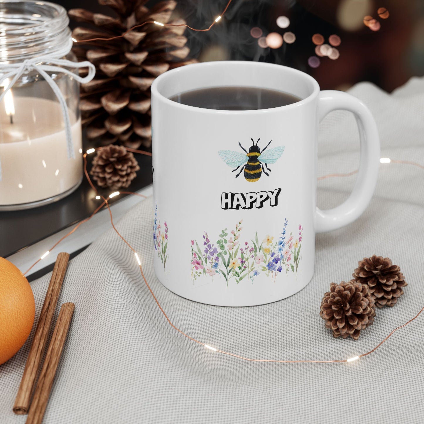 Happy Bee Floral Ceramic Mug - Perfect for Gifts, Coffee Lovers, Tea Drinkers, Home Decor, Birthday Celebrations