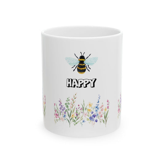 Happy Bee Floral Ceramic Mug - Perfect for Gifts, Coffee Lovers, Tea Drinkers, Home Decor, Birthday Celebrations