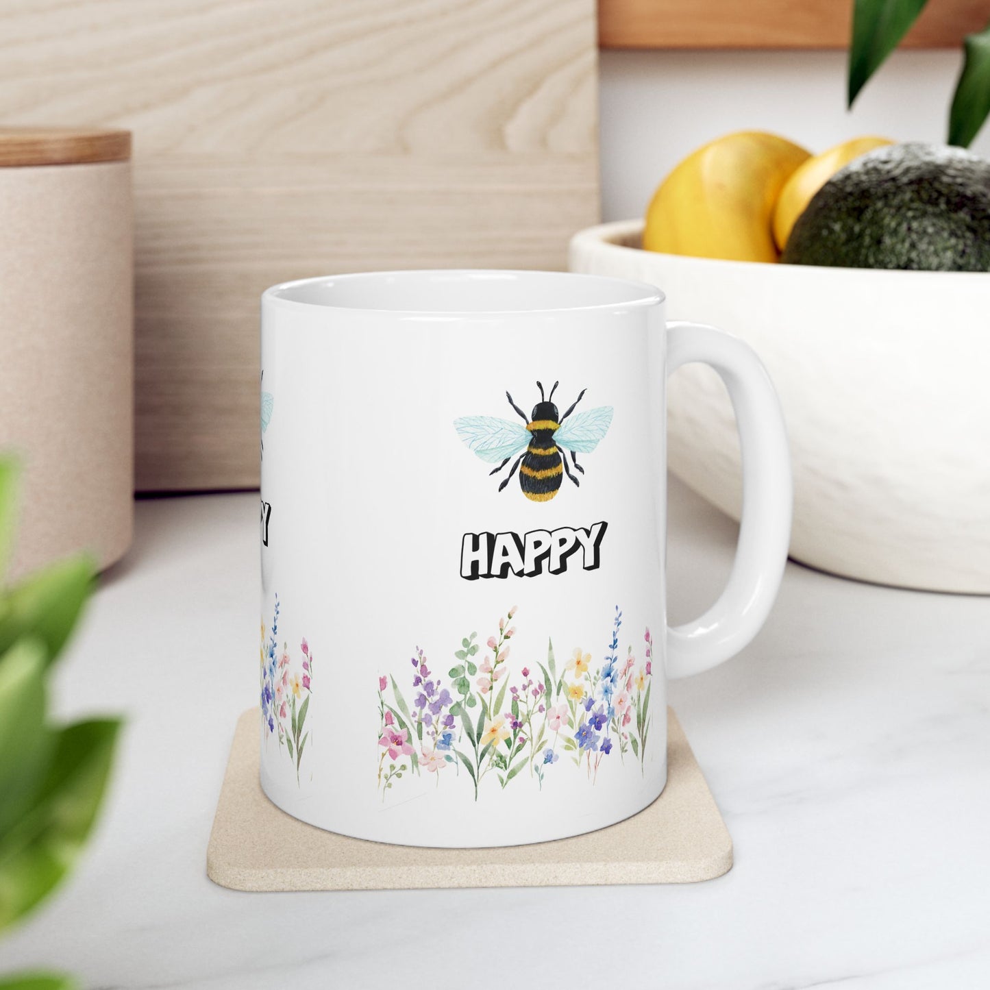 Happy Bee Floral Ceramic Mug - Perfect for Gifts, Coffee Lovers, Tea Drinkers, Home Decor, Birthday Celebrations