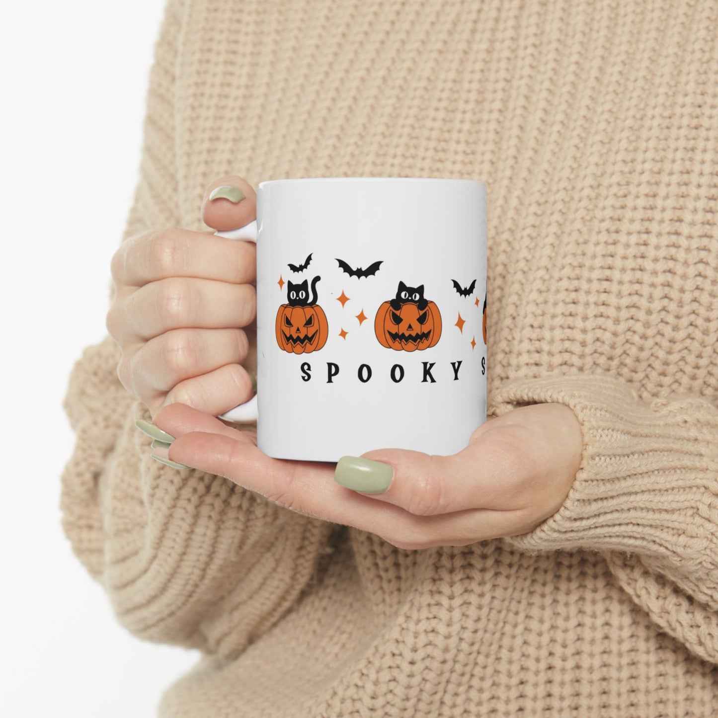 Halloween Spooky Season Ceramic Mug, Cat and Pumpkin Theme, Perfect for Fall, Halloween Coffee Mug, 11oz