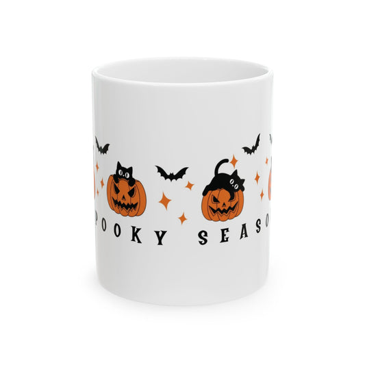 Halloween Spooky Season Ceramic Mug, Cat and Pumpkin Theme, Perfect for Fall, Halloween Coffee Mug, 11oz