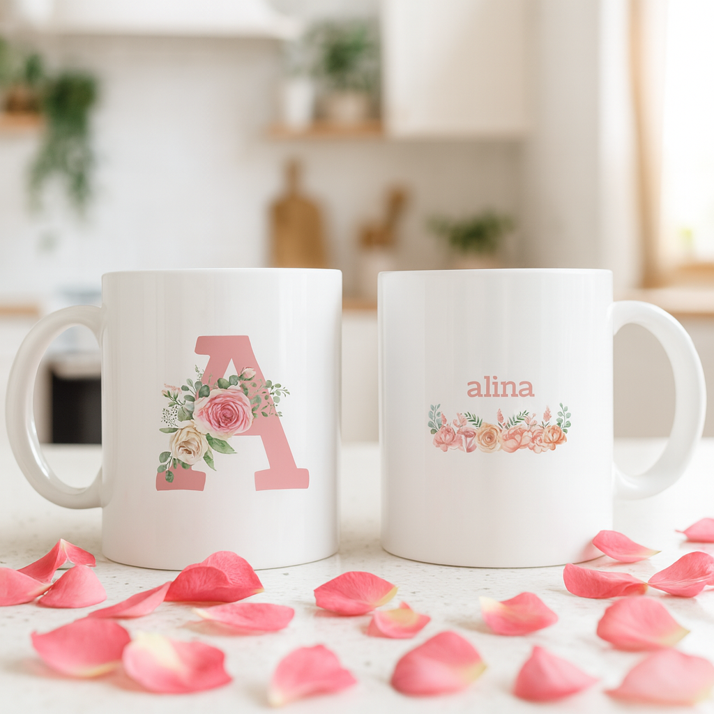 Floral Monogram Mug | Personalized Pink Rose Initial Coffee Cup