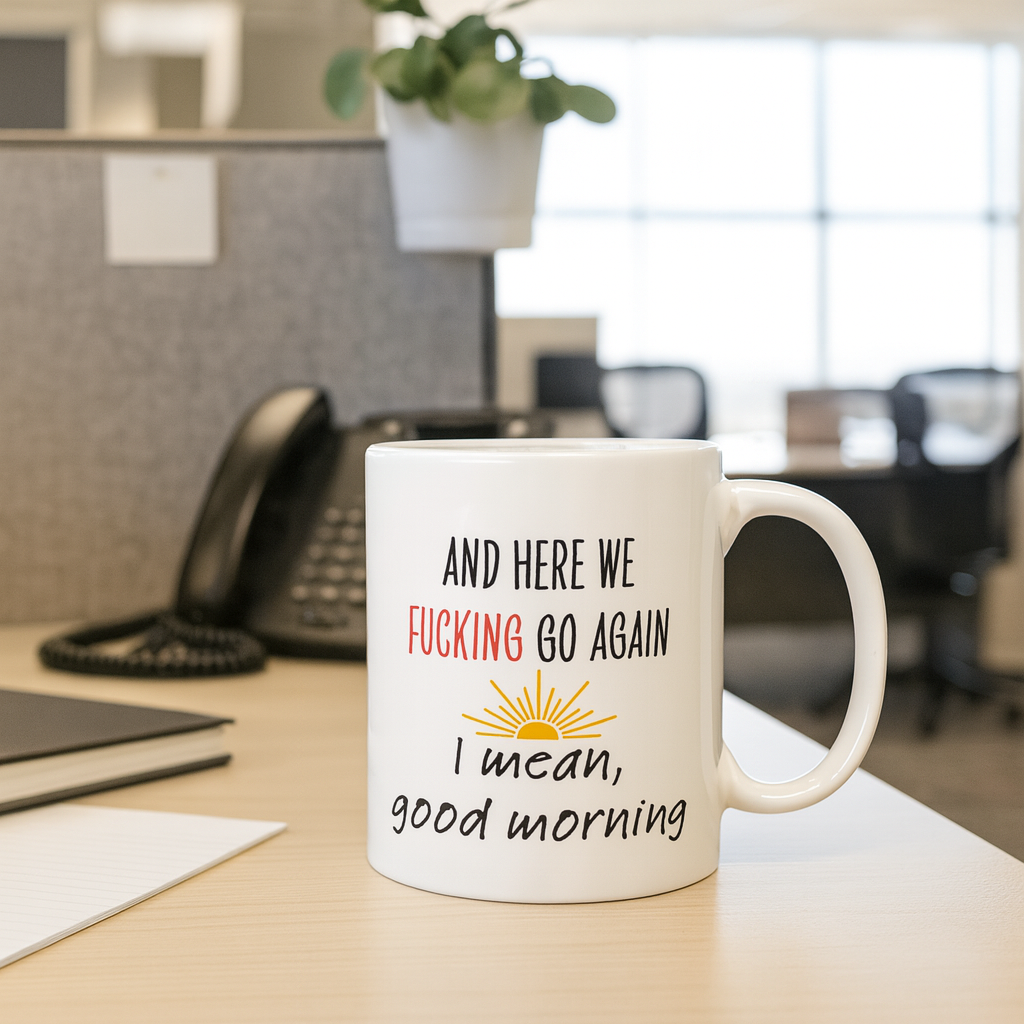 And Here We F*cking Go Again Mug – Funny Adult Coffee Cup for Mornings & Work