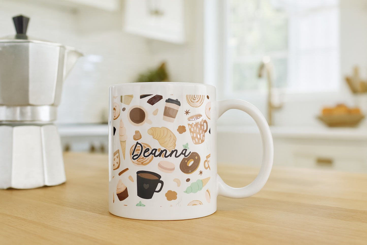 Breakfast Pastries and Coffee Ceramic Mug, Personalizable