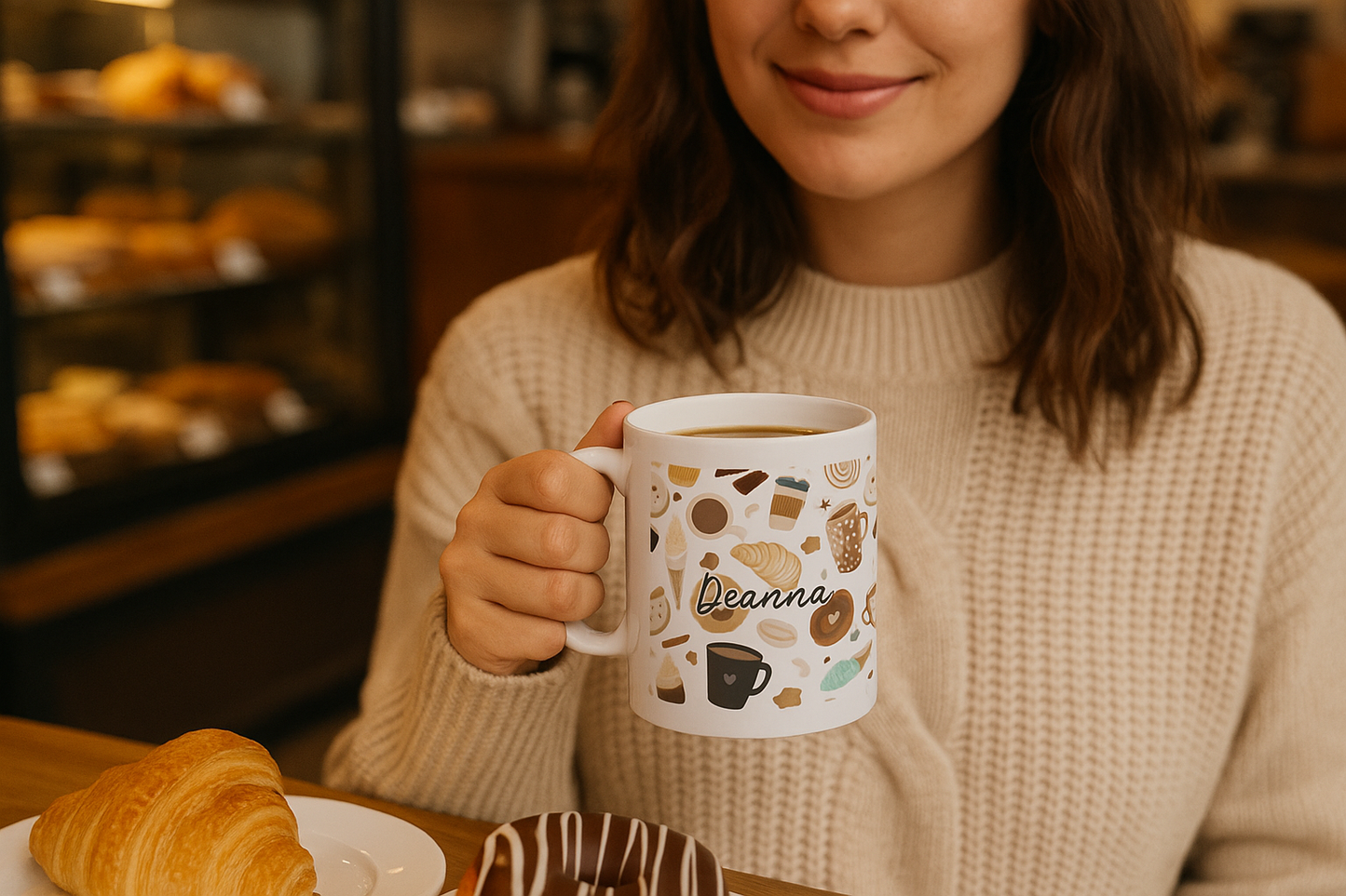 Breakfast Pastries and Coffee Ceramic Mug, Personalizable