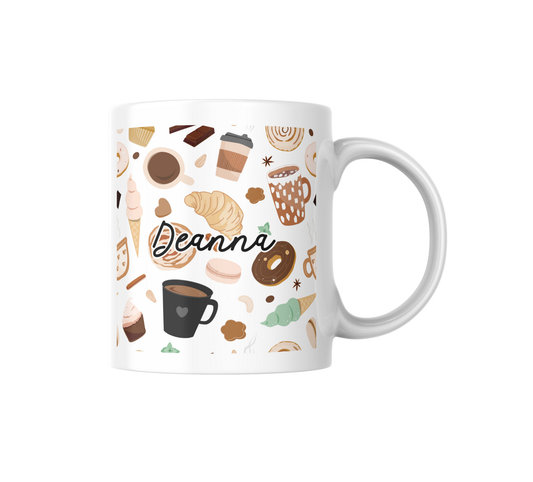 Breakfast Pastries and Coffee Ceramic Mug, Personalizable