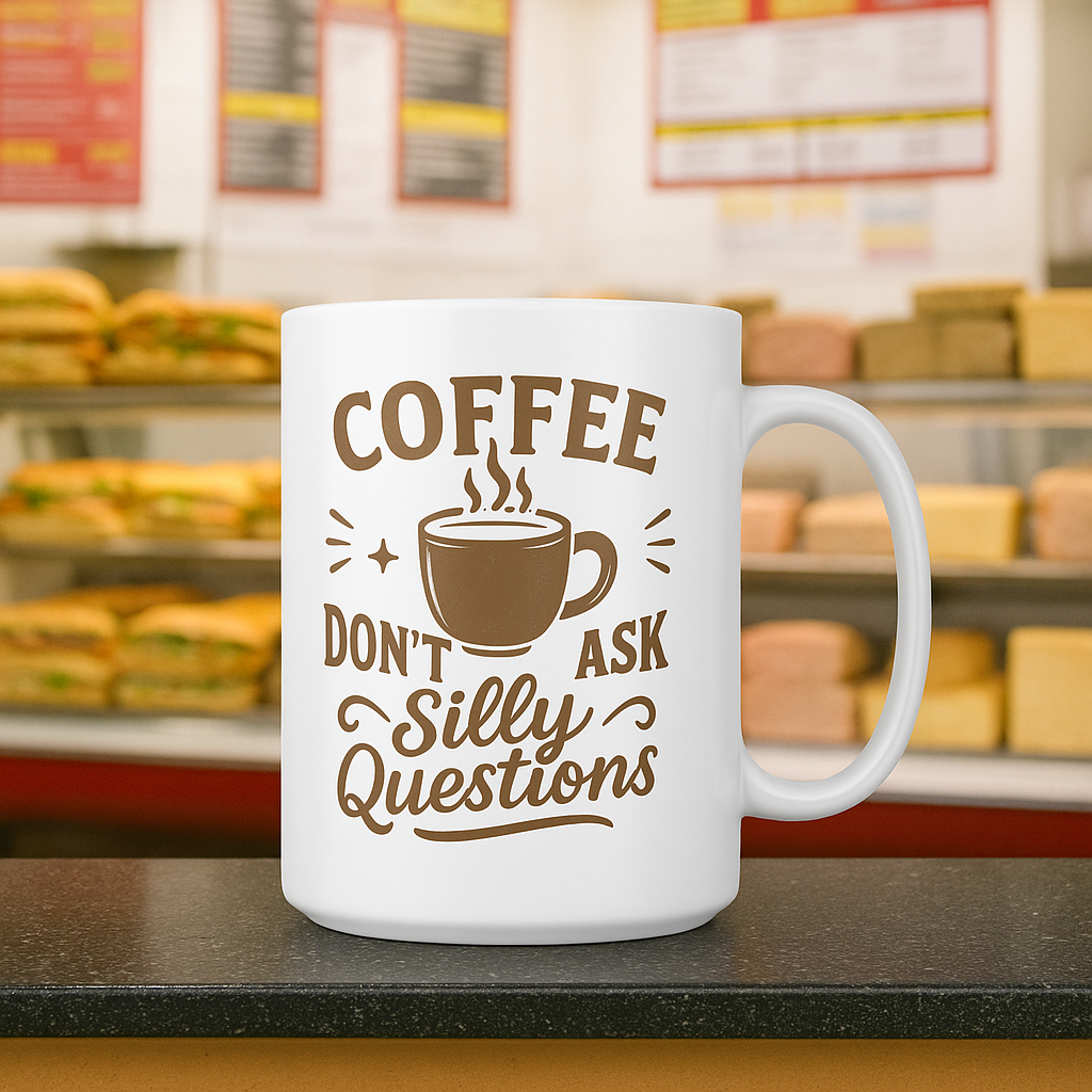 Coffee Quote Mug – “Don’t Ask Silly Questions” – 12oz White Ceramic Cup