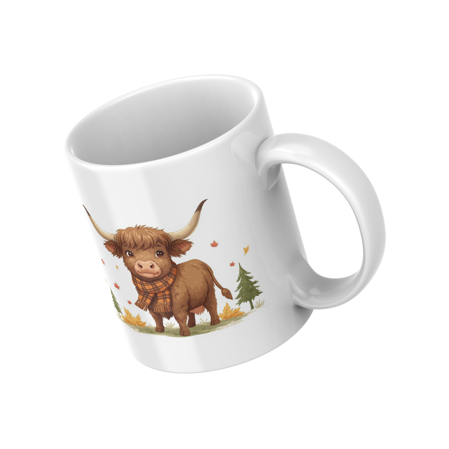 Cozy Highland Cow Autumn Mug – Cute Fall Coffee Cup with Plaid Scarf Design