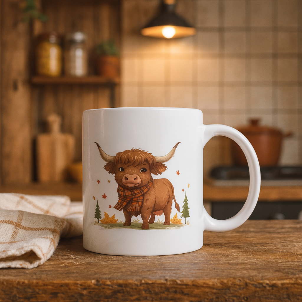 Cozy Highland Cow Autumn Mug – Cute Fall Coffee Cup with Plaid Scarf Design