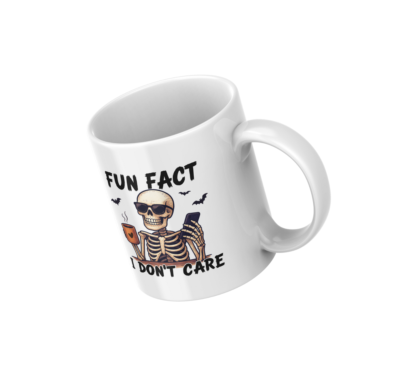 Funny Skeleton Coffee Mug – “Fun Fact I Don’t Care” Sarcastic Halloween Cup