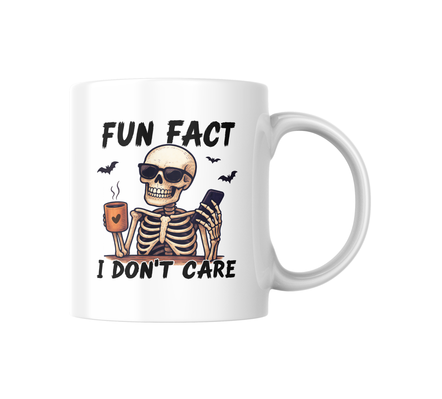 Funny Skeleton Coffee Mug – “Fun Fact I Don’t Care” Sarcastic Halloween Cup