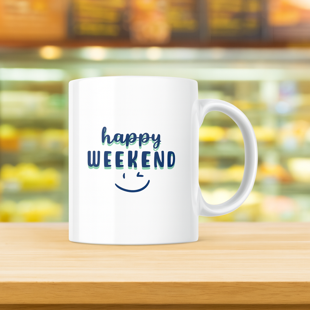 Happy Weekend Coffee Mug ☕ | Cheerful Smiley Design for Relaxing Vibes 🕶️