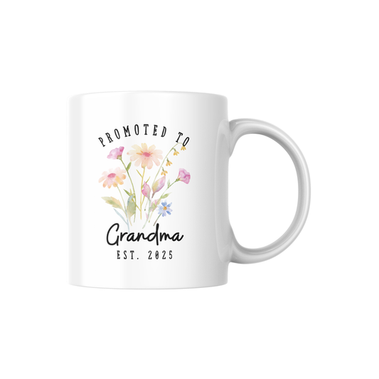 Promoted to Grandma Mug – Floral, Personalizable Watercolor Coffee Cup, New Grandma Gift