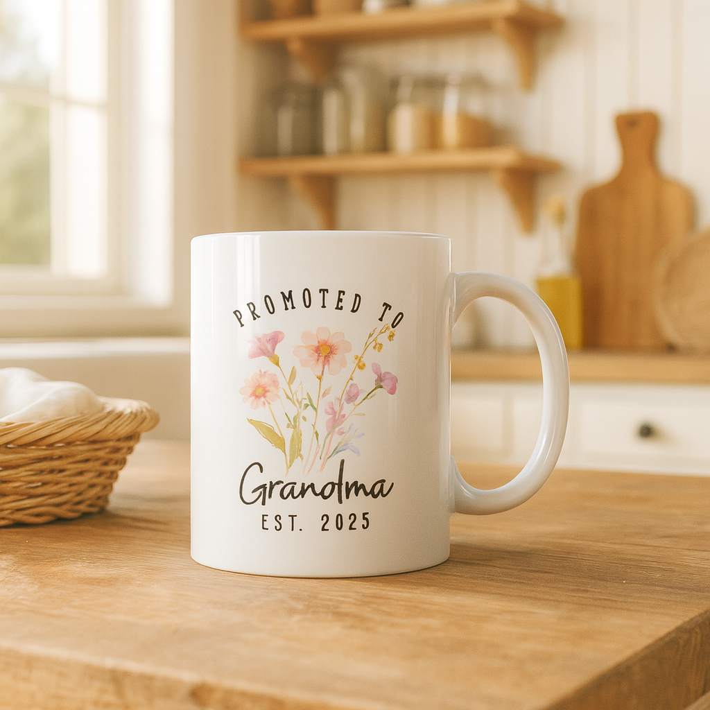 Promoted to Grandma Mug – Floral, Personalizable Watercolor Coffee Cup, New Grandma Gift
