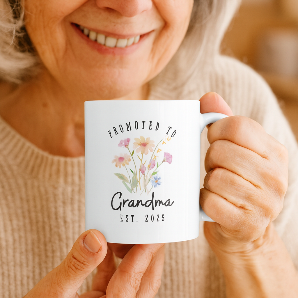 Promoted to Grandma Mug – Floral, Personalizable Watercolor Coffee Cup, New Grandma Gift