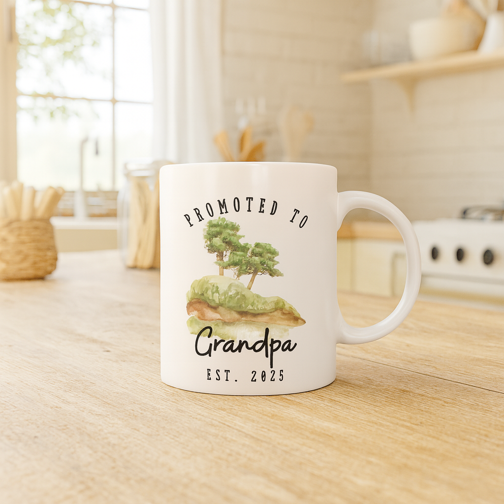 Promoted to Grandpa Mug – Nature-Themed, Personalizable Watercolor Coffee Cup, New Grandpa Gift