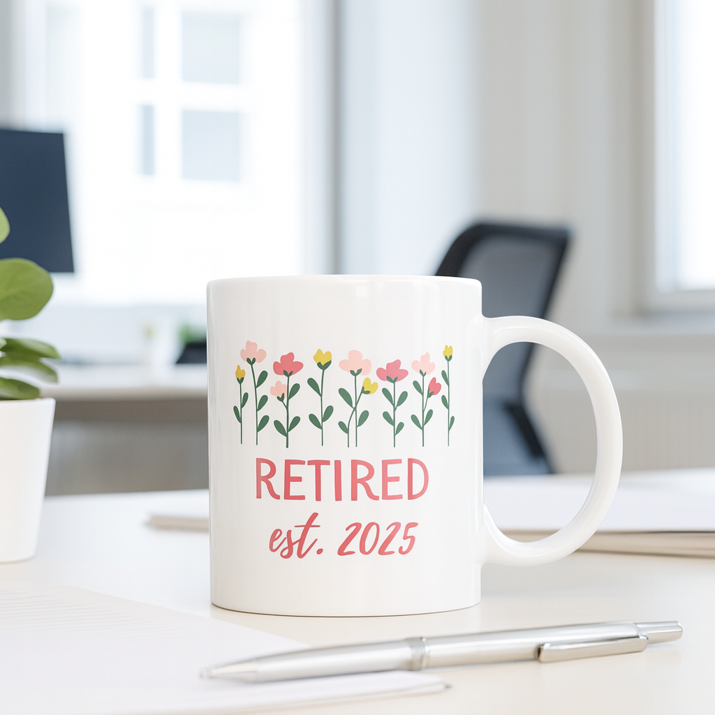Retired est. 20xx Mug – Personalizable Floral Retirement Coffee Cup | Gift for New Retirees 🌸