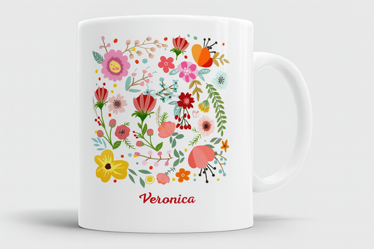 Whimsical Floral Ceramic Mug, Personalizable