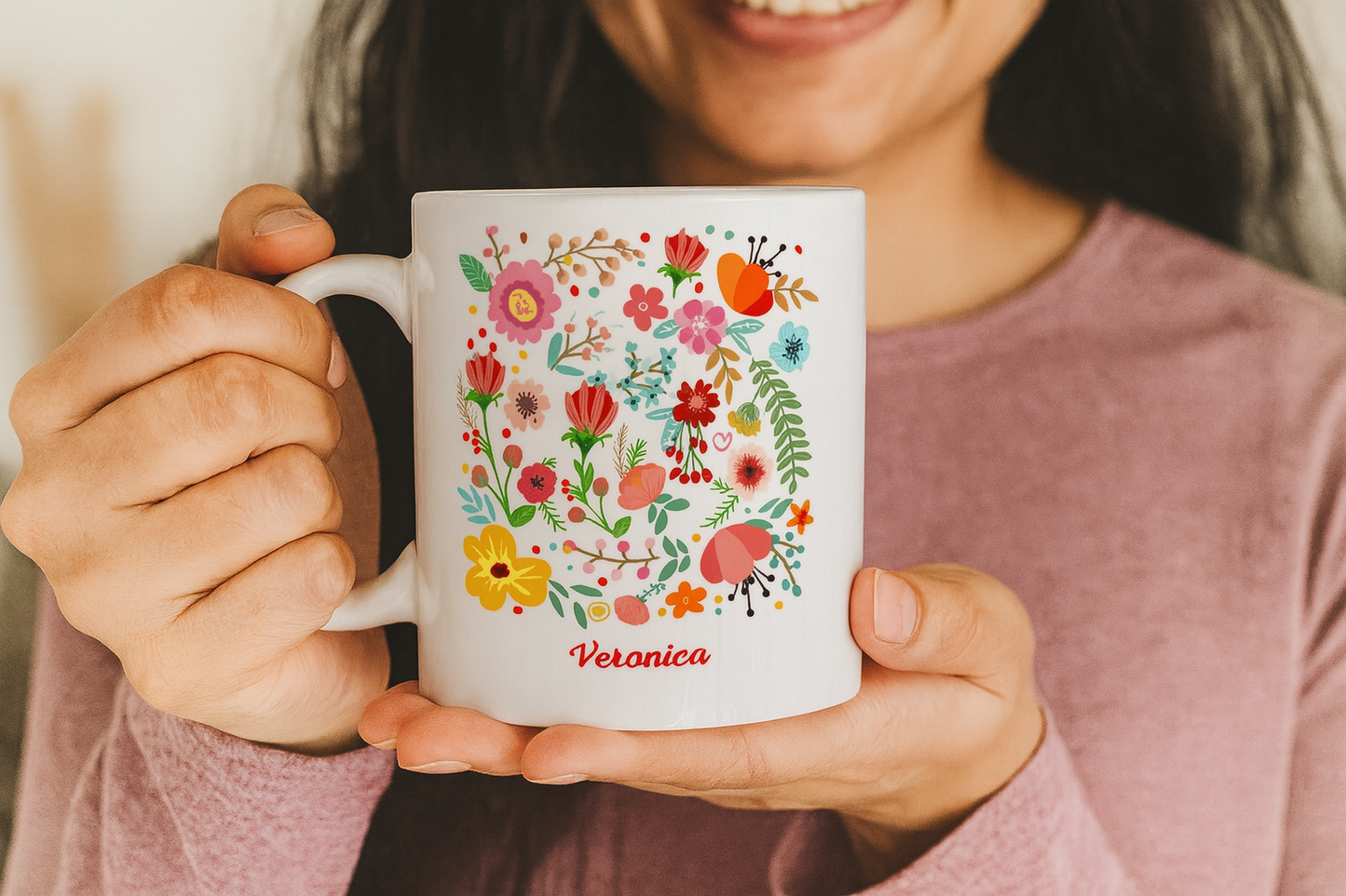 Whimsical Floral Ceramic Mug, Personalizable