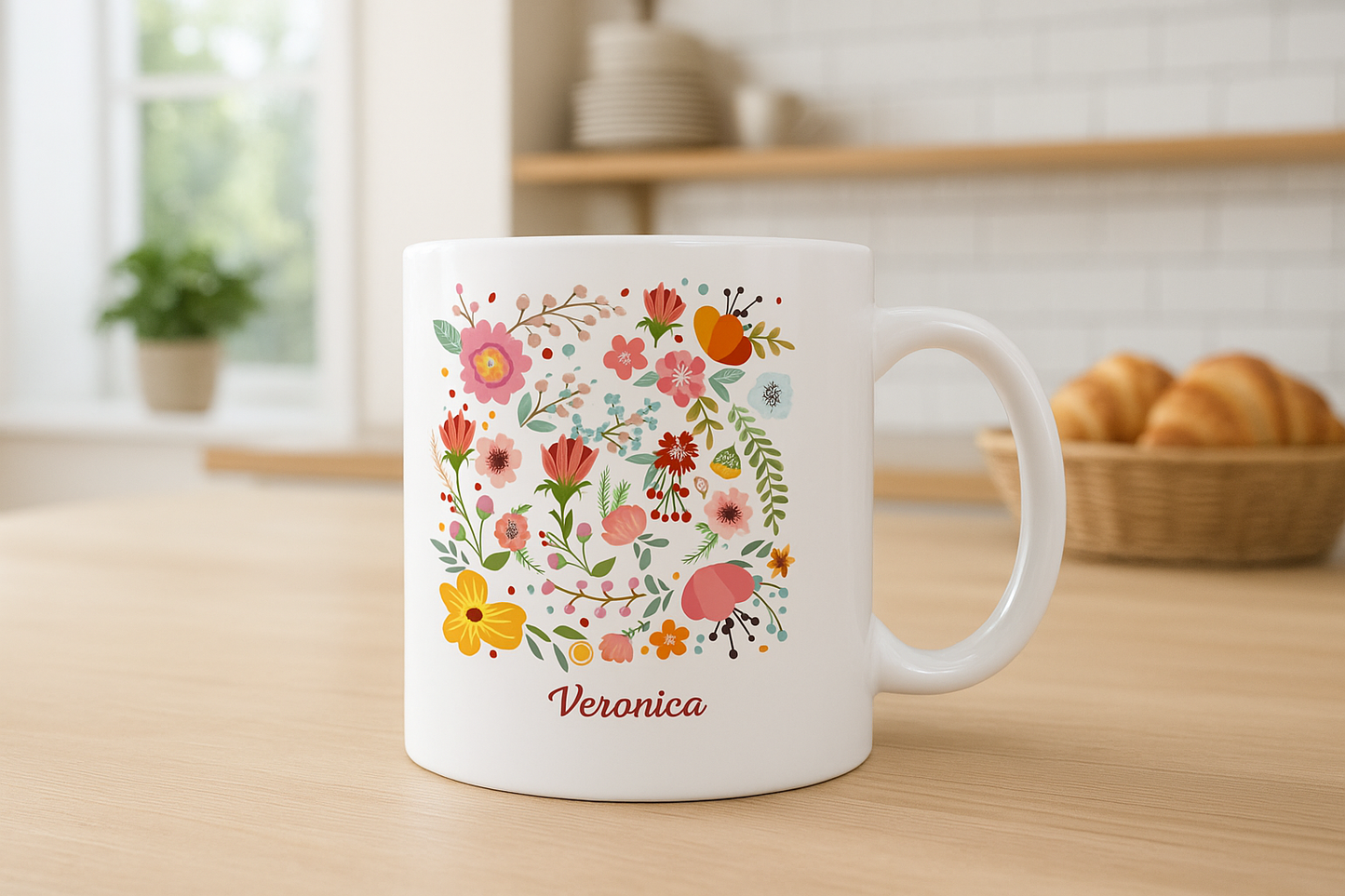 Whimsical Floral Ceramic Mug, Personalizable