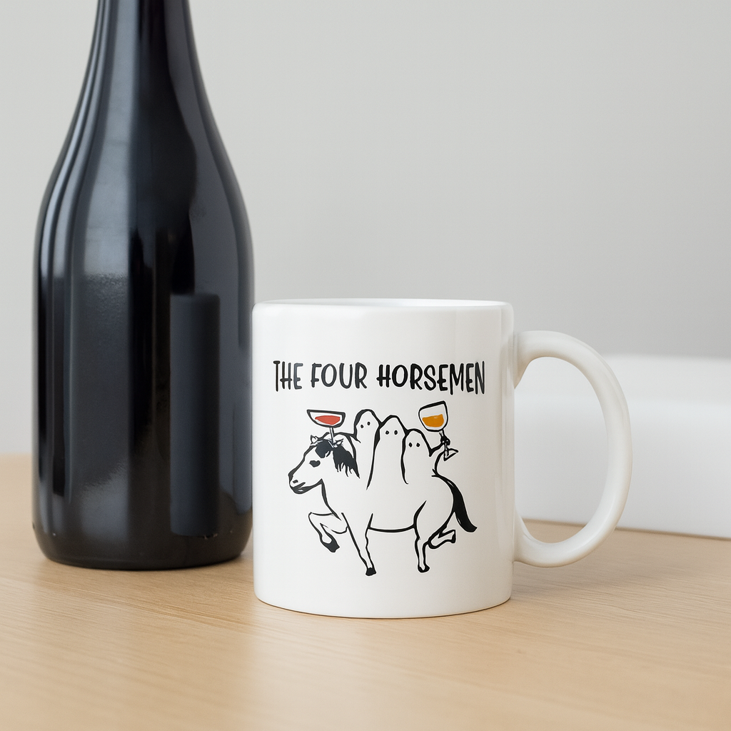 The Four Horsemen Mug – Funny Ghost & Wine Lover Halloween Cup🐴