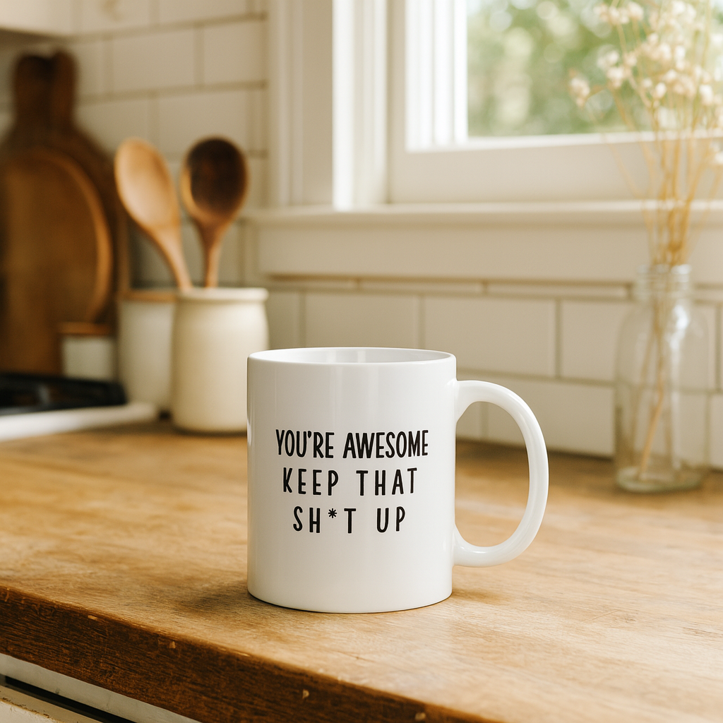 You’re Awesome Keep That Sh*t Up Mug – Funny Motivational Coffee Cup for Friends & Co-workers